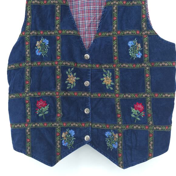 Vintage Casey&Max Cottagecore Quilt Velvet Sewn Floral Plaid Button Down Vest L - Picture 3 of 10